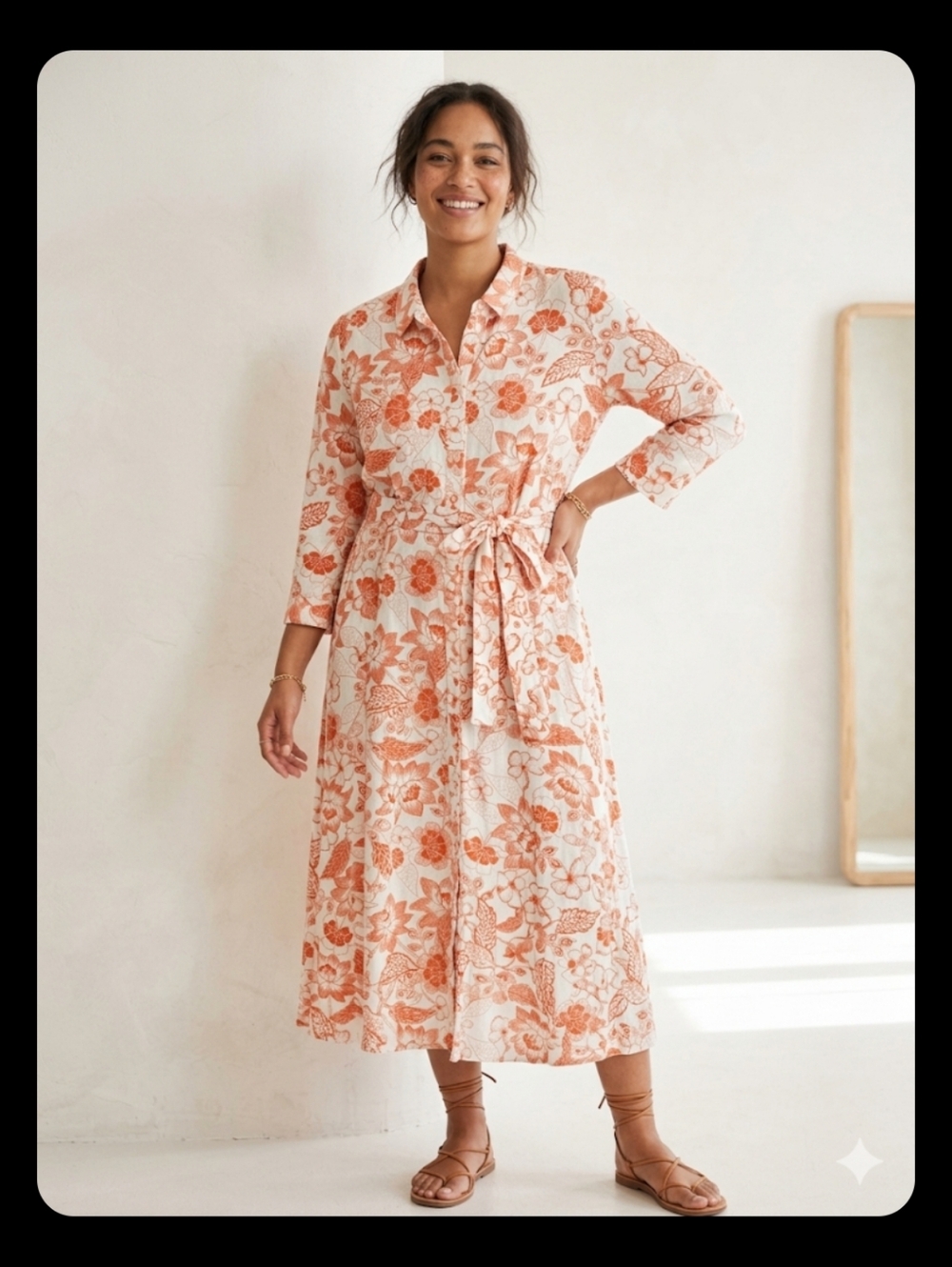 Feather & Bone Orange Tropical Floral Linen Midi Shirt Dress Size L Boho